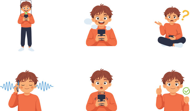 Little Boy Character Set Using Smartphone for Online Learning Gaming Listening to Music and Showing Thumbs Up Vector Illustration