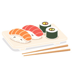 Cute sushi set traditional Japanese food illustration with salmon nigiri and maki rolls © ILovePhoto_TH