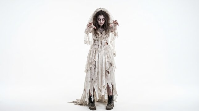 Halloween zombie bride in tattered white wedding dress on white background