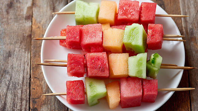 Colorful watermelon, melon, and cucumber fruit skewers arranged on a white plate over a rustic wooden table, top view food composition