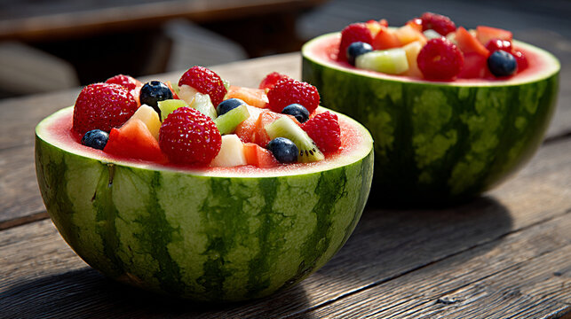 Watermelon bowls filled with strawberries, blueberries, pineapple, and assorted fruit on a rustic wooden table, colorful fresh food composition