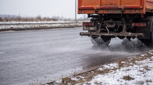 Deicing Fluid Sprayed Across Winter Road Surface To Reduce Ice Formation And Improve Traffic Safety