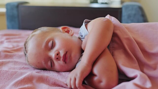 Close up portrait of little toddler boy sleeping peacefully covered with pink blanket in cozy bed during sweet daytime nap at home