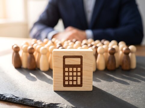 Businessman sitting behind wooden block with calculator icon and wooden figurines, corporate payroll calculation human resources budgeting labor cost and workforce finance concept