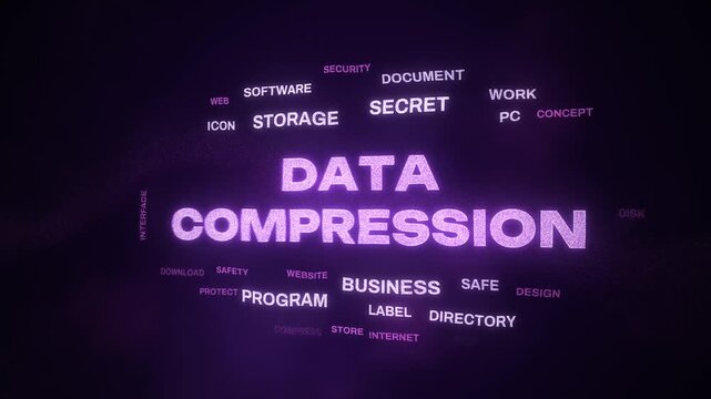Data compression animated particle word cloud, text design animation, seamless loop