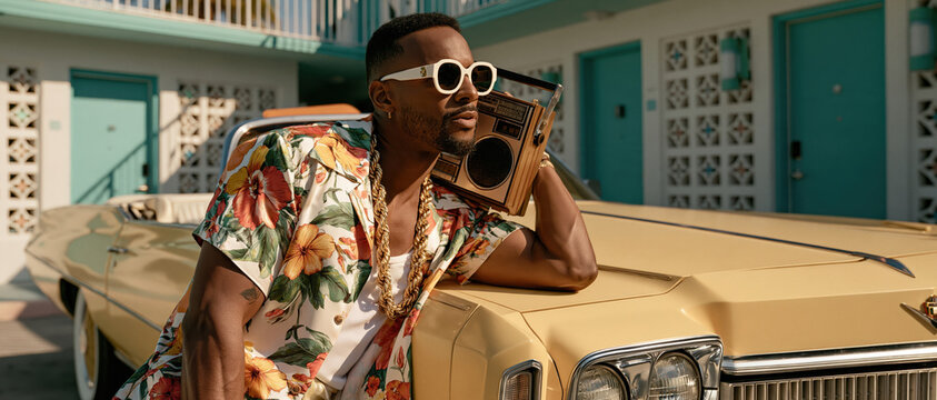 Confident Black man in floral shirt, gold chain, and white sunglasses holds a boombox beside a classic yellow convertible at a pastel motel. Bold nostalgia meets modern street style.