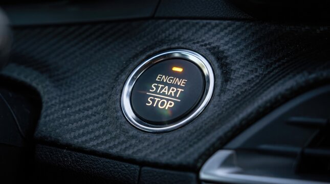 Detailed close up view of a contemporary vehicle s glowing engine start stop button inside a luxurious car interior
