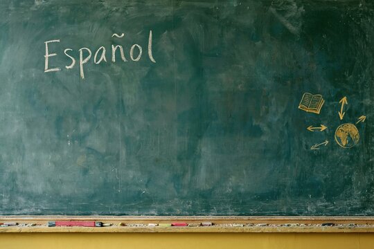 Espanol written on a teal chalkboard with chalk drawings of a globe and book, a dusty and studious setting for language lesson materials