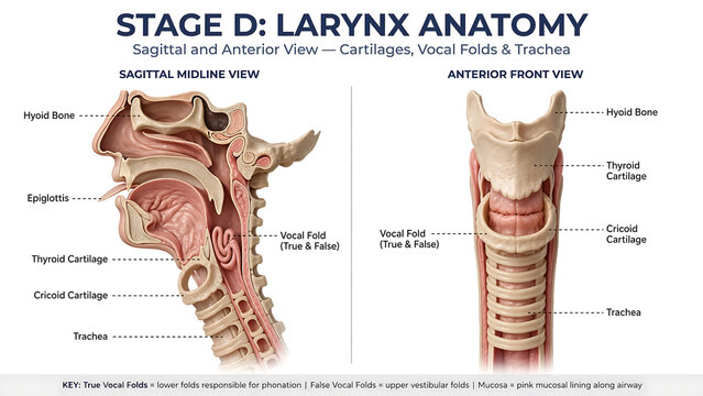 Anatomical images showing the "larynx structure" in sagittal and anterior views.