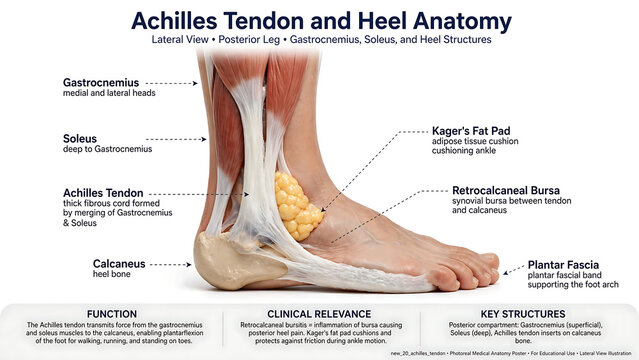 The anatomical illustration shows the "hamstring and heel" in a lateral view, depicting the gastrocnemius and soleus muscles.