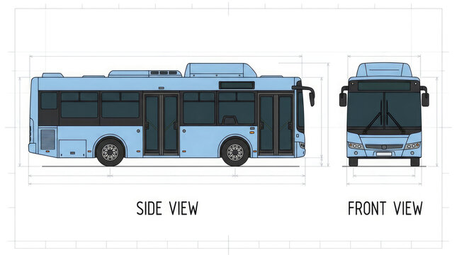 Detailed technical illustration of a blue city bus showcasing side and front views for design and engineering purposes