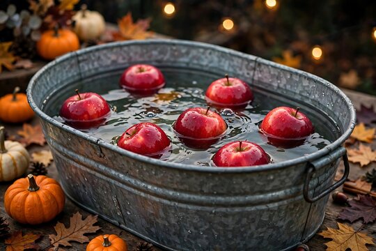 Red apples bobbing in metal tub of water