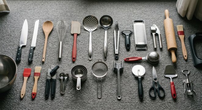 Assorted Kitchen Utensils Arranged on a Textured Surface Cooking Tools and Gadgets Collection