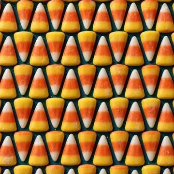 Candy corn arranged in a symmetrical geometric pattern on a teal background, with waxy textures and soft lighting for autumn and holiday themes