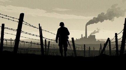 Fototapeta premium Soldier silhouette stands near barbed wire fence in war zone. Dark landscape shows smoke from factory chimneys. Combat veteran walks through desolate battlefield under cloudy sky. Military conflict
