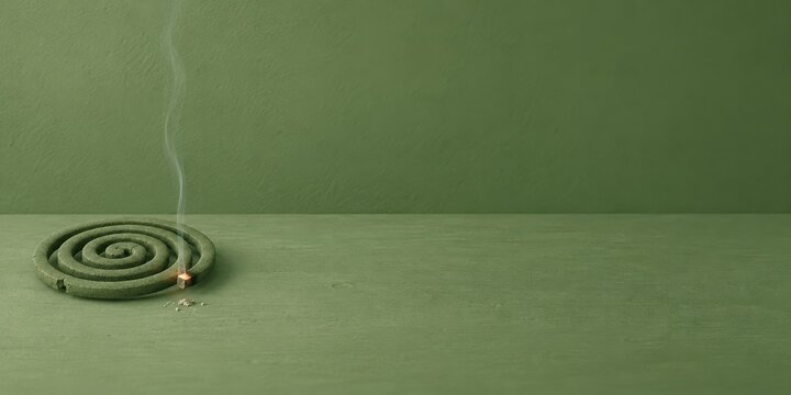 Green mosquito coil with a glowing ember and thin wisp of smoke on a matte surface, with generous copy space for travel health