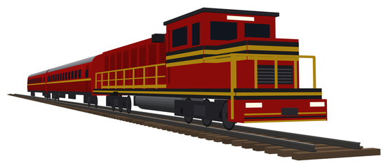 Red diesel locomotive with yellow and black stripes pulling passenger coaches, isolated © Shakil