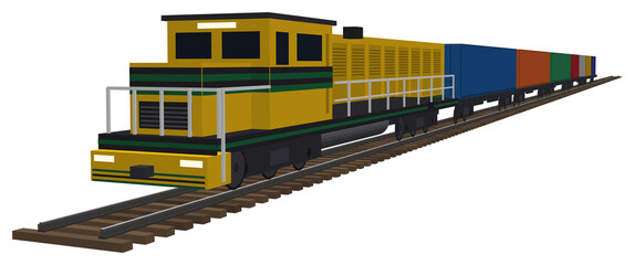Yellow diesel freight locomotive hauling colorful shipping containers, isolated © Shakil