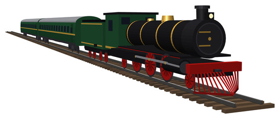 Classic black steam locomotive with tender and green coaches on track, isolated © Shakil