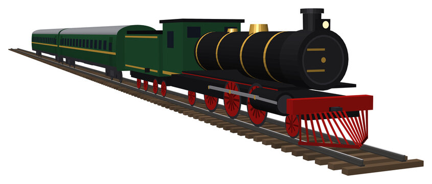 Classic black steam locomotive with tender and green coaches on track, isolated