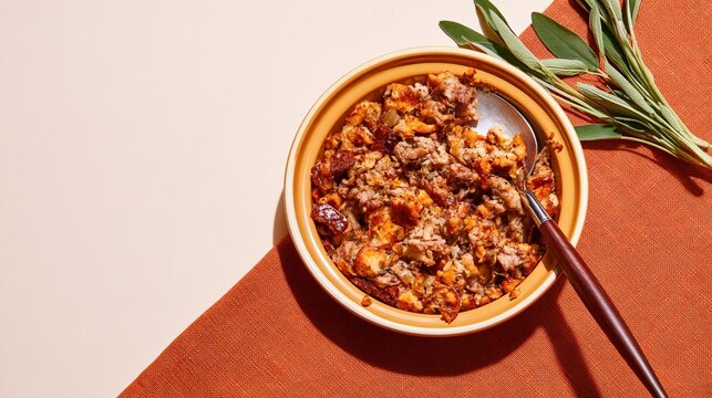 Thanksgiving sage stuffing in a steaming enamel dish on orange linen, a cozy harvest still life with copy space for menu banners
