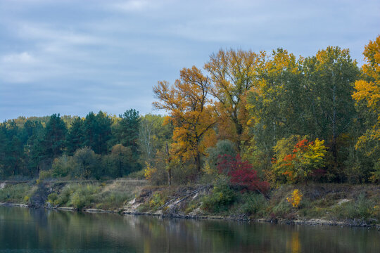 vibrant yellow and green trees lining the rocky bank of a calm, reflective river under cloudy skies.