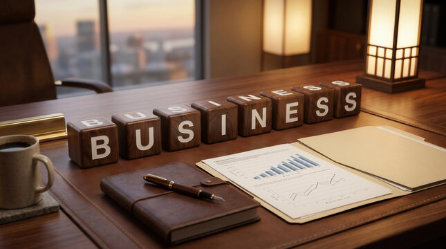 Corporate letter blocks spelling business word line up neatly beside leather journal and analytical paperwork on boardroom table, conveying ambitious professional success in evening light.
