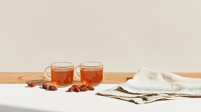 Two glass cups of steaming rosehip tea on a wooden table with dried berries and a linen napkin, copy space for a menu