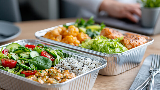 Assorted healthy pre-packaged meals including salads and main courses in foil trays, catering concept, clean overhead food photography, defocused office table, meal prep service,
