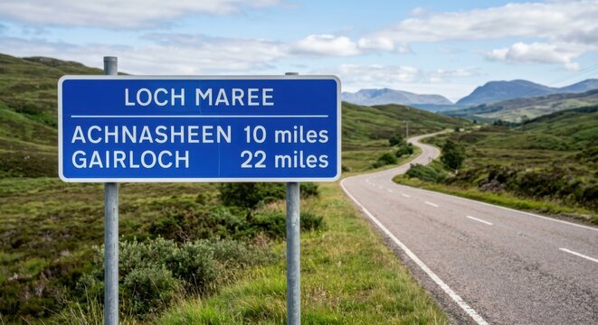 Scenic Highland Road Sign Loch Maree Achnasheen Gairloch Scotland Winding Asphalt Road through Rolling Green Hills Under a Cloudy Blue Sky