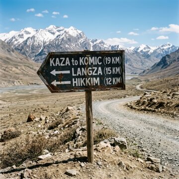 Remote Mountain Signpost Kaza Komic Langza Hikkim Remote Indian Himalayas Road Trip