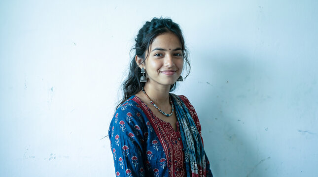 Portrait of Smiling Young Indian Woman in Traditional Block Printed Blue Kurti