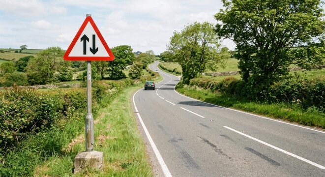 Road Sign Warning Two Way Traffic Ahead on Winding Country Lane Surrounded by Lush Green Hedgerows and Trees