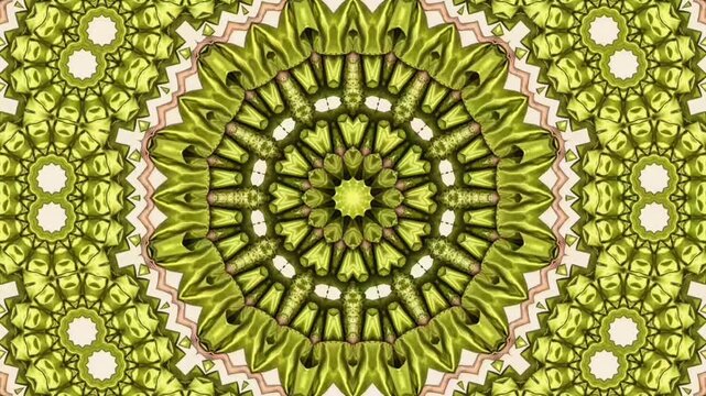 ​A seamless 4K motion loop featuring an intricate geometric mandala pattern with olive green, pale pink, and white tones, ideal for dynamic backgrounds and surface design.  
