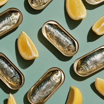 Seamless pattern of open sardine tins and lemon wedges with a glossy oily sheen on a teal background for deli packaging and menus