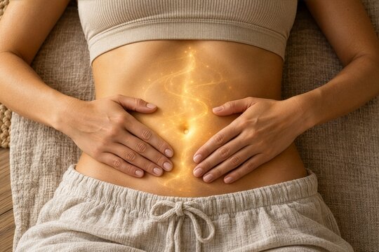 The woman's hands rest flat against her navel; a metaphorical, inner warmth is visible beneath the skin&mdash;a golden glow symbolizing the activity of the gut-brain axis and the soothing of the nervous sys