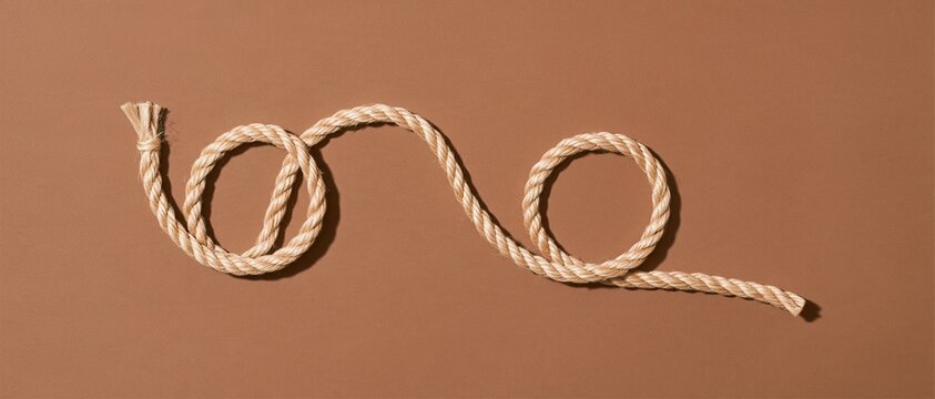 Thread of twisted jute twine curled into loose loops on a warm mocha brown background, coarse natural fiber for craft and packaging copy space
