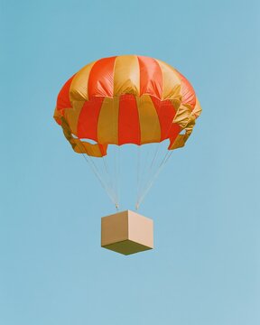 Striped parachute lowering a blank cardboard box, a clean and surreal delivery concept with smooth fabric and copy space for a mockup