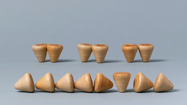 Wooden dreidels in varied positions, smooth polished spinning tops with painted letters on a misty blue background for Hanukkah design