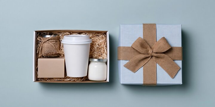 Eco gift box and coffee cup set with a blank takeaway cup and burlap ribbon, arranged on a soft sage green background for mockup and packaging