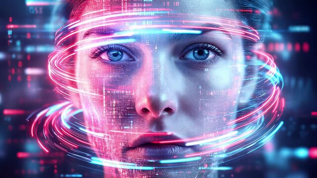 Digital human face with glowing data overlays and binary code. Futuristic artificial intelligence concept with light trails. Static close-up shot.