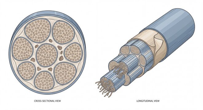 Cross sectional and longitudinal views of a nerve fiber illustration