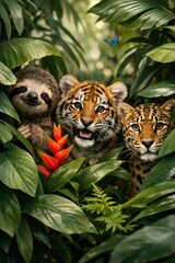 Naklejka premium Jungle friends amidst lush greenery.