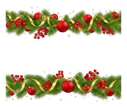 Elegant Christmas Pine Garland with Red Ornaments Berries and Golden Ribbon