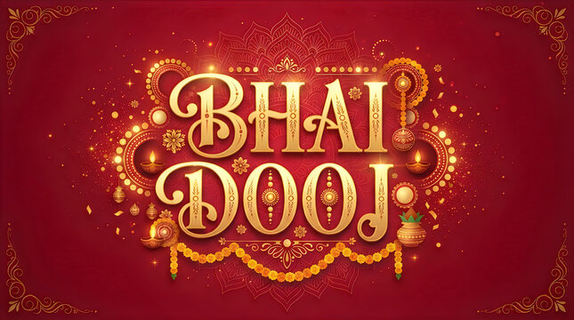 Bhai dooj festival greeting card design with golden decorative typography and traditional indian ornaments on a rich dark red background for cultural celebration wishes and social media posts