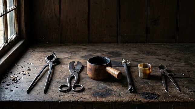 Rustic metal blacksmith hand tools arranged on dark weathered wood surface for craftsmanship.