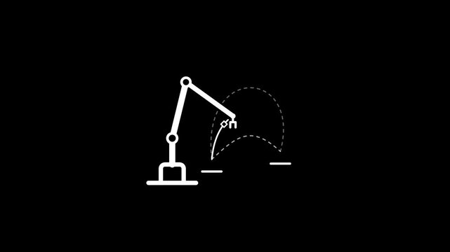 Minimalist white robotic arm icon on black background representing automation and industry