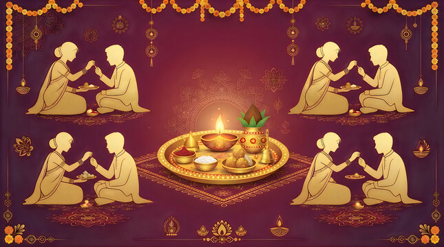 Indian couple celebrating bhai dooj festival with traditional puja thali and diya lamp on a dark maroon background