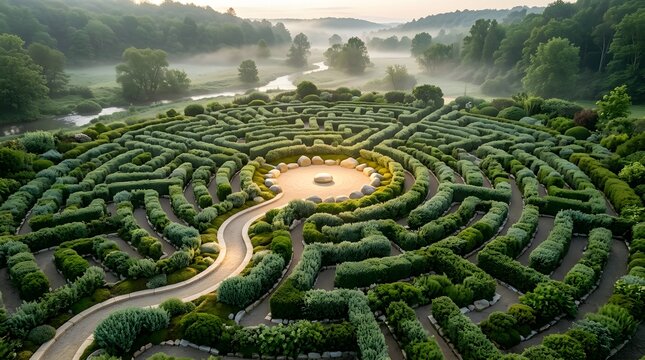 Aerial view of green hedge labyrinth with stone circle at misty dawn
