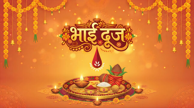 Bhai dooj festival celebration greeting with traditional puja thali and marigold flower decorations on an orange background